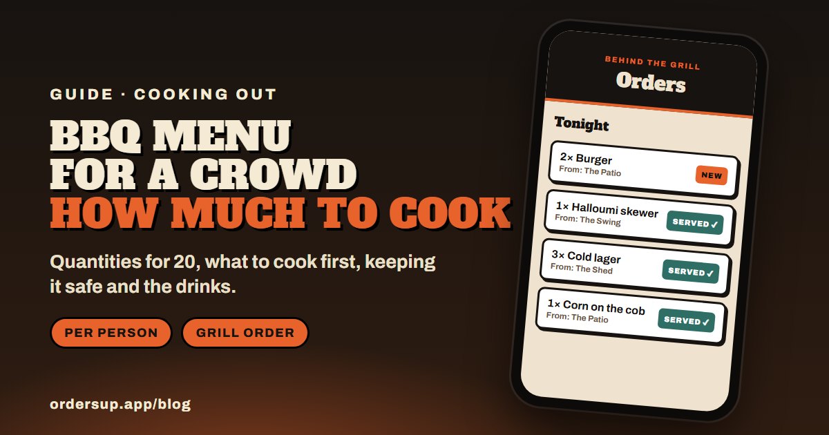 A phone showing a barbecue order queue with burgers, a halloumi skewer, cold lager and corn on the cob, beside the words BBQ menu for a crowd: how much to cook