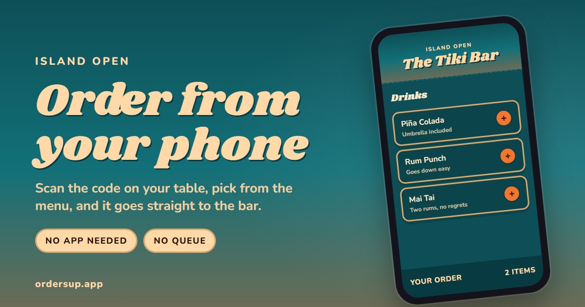 The Tiki Bar look: a teal menu with a Piña Colada, rum punch and Mai Tai