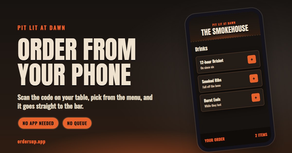 The Smokehouse look: a dark menu with orange buttons, listing 12-hour brisket, smoked ribs and burnt ends