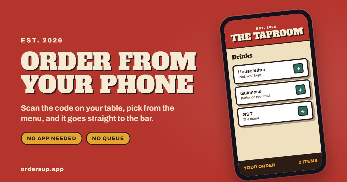 A phone showing The Taproom menu, with House Bitter, Guinness and G&T each ready to add, beside the words Order from your phone