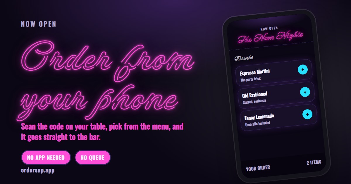 The Neon Nights look: pink neon script on a dark purple menu with an Espresso Martini and an Old Fashioned