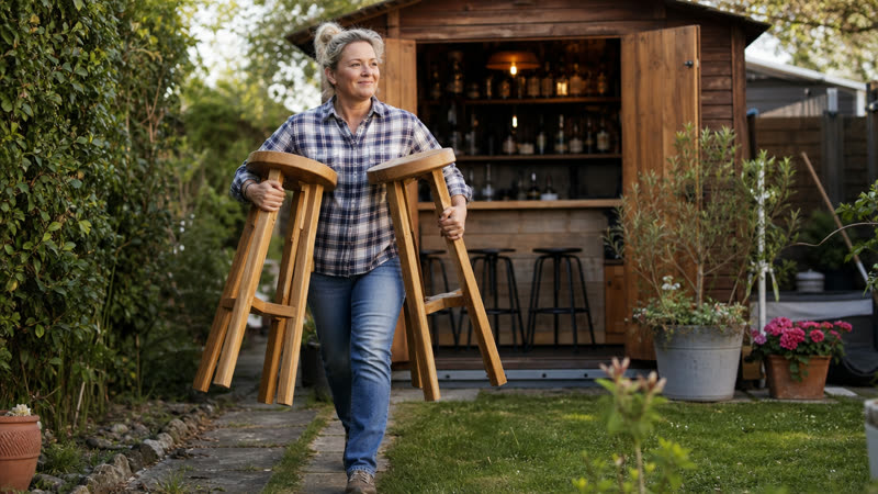 Carrying two bar stools into the shed