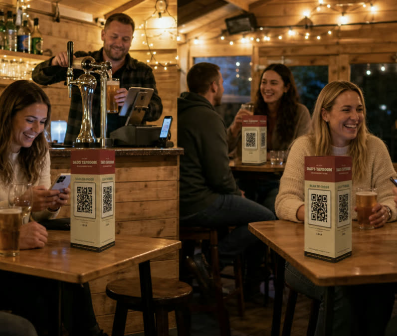 A busy home bar: the host pulling a pint while friends order from their phones, Scan to order talkers on the tables